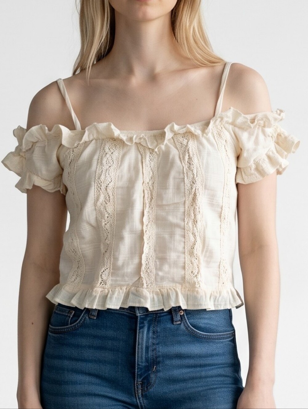 Ivory Ruffle Lace-Trim Crop Top - Women